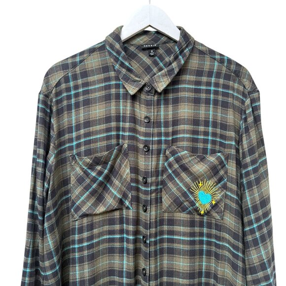TORRID Flannel Shirt Large (Torrid 0) Olive Green Plaid Heart Long Sleeve Womens - Picture 4 of 13